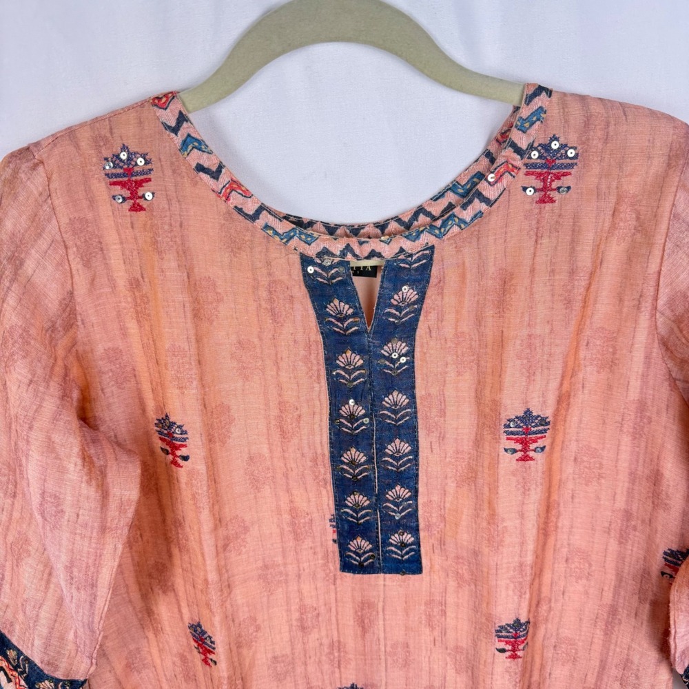 Sanwariya Indian Kurta Tunic Dress Peach Embroidered Long Lightweight Decorative - Picture 2 of 8